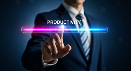 Businessman touching a glowing productivity progress bar on a dark background