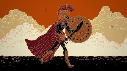 greek spartan warrior walking with sword and shield