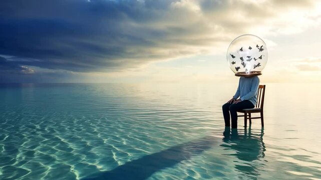 Person with mental health issues sits near water with butterflies inside a light bulb covering head. This mental health portrait shows concept of thoughts and emotions,
