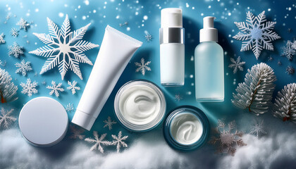here s a description and keywords for the image winter skincare and makeup products displayed on a snowy background with decorative snowflakes the image evokes a feeling of cold crisp freshness a