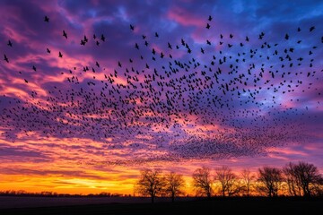 A vast flock of birds silhouettes against a vibrant sunset sky (3)
