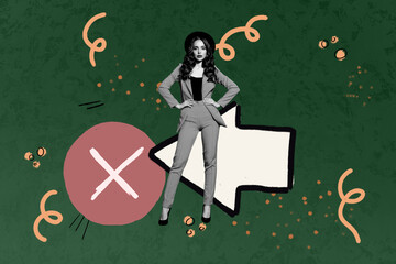 Exclusive creative pop collage of happy businesswoman businessman stand arrow point cross button...