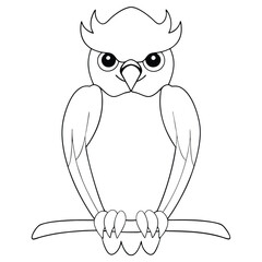Simple Line Drawing Of Cartoon Owl Perched On Branch With Intricate Details on a white background.