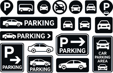 Car Parking Icons Set – Vehicle Parking Signs and Map Symbols for Public and Private Areas