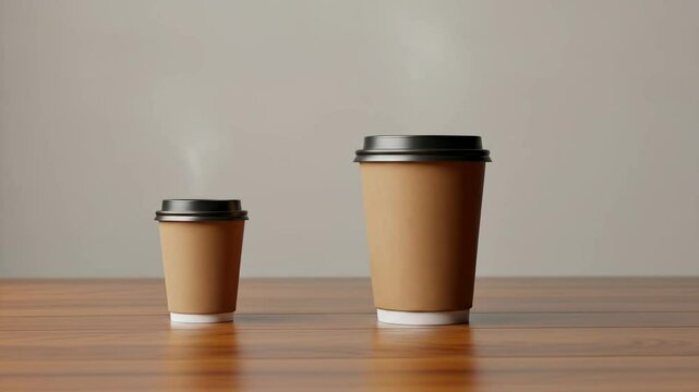Hot drinks, two takeaway cups of coffee on table, with steaming beverage aroma on neutral background. Hot drinks are ready to enjoy, bigger and smaller cup sizes both,