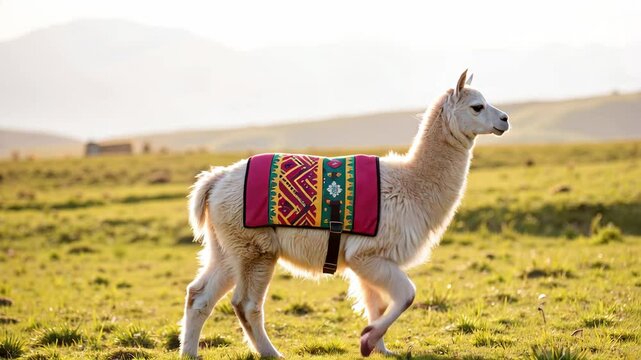 Adorable llama on a vibrant green pasture, showcasing South American heritage and colorful textiles. Graceful llama, adorned with a bright pink and geometrically patterned blanket,