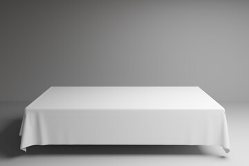 White tablecloth. fabric reveal scene. Satin textile on table or pillar to unveil cube pedestal mockup. Elegant draped presentation with product display, 3d render
