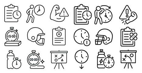 Set of icons that represent different time-related activities. The icons include a clock, a stopwatch, a sports ball, a clipboard, and a person. The icons are arranged in a grid
