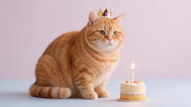A charming orange tabby cat celebrates its birthday wearing a golden crown next to a small cake with a lit candle, creating a whimsical and joyful scene perfect for greeting cards