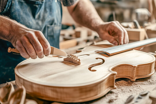 Luthier crafting a wooden musical instrument, such as a guitar or violin, in a specialized workshop