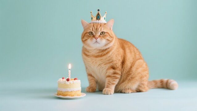 A fluffy ginger cat with a crown celebrating a birthday with a small cake and a lit candle, set against a soft aqua background making it a delightful scene for celebratory moments