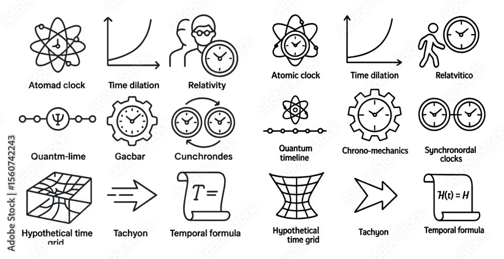 Poster set of clock icons with a variety of different styles and sizes. the icons include a traditional ana
