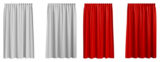 Luxury red and white silk velvet curtains isolated on white backgrond for window or theater stage decoration. interior decoration design ideas, 3d render
