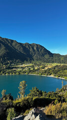 Obraz premium Scenic view of a clear blue lake surrounded by green forest and mountains under a bright blue sky in Queenstown, New Zealand