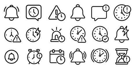 Set of black and white icons that represent different times of the day. The icons include a clock, a bell, and a stop sign