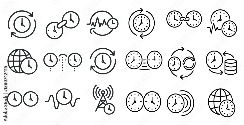 Poster set of clocks with a globe and a cell phone in the middle. the clocks are all different sizes and ar