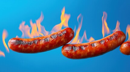 Grilled sausages on fire with blue background