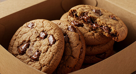 Fototapeta premium Stack of chocolate chip cookies packed neatly in brown box.