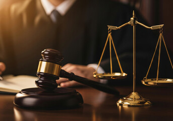 Judge s gavel and scales of justice on a wooden desk with a judge in the background