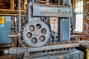 Mechanical press with its intricate gears and levers, situated in a busy factory environment