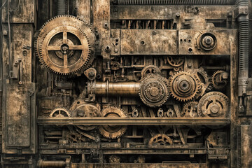Mechanical press with its intricate gears and levers, situated in a busy factory environment