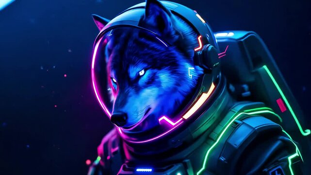 A wolf astronaut, wearing a spacesuit, is depicted in a vibrant, neon-lit, futuristic style against a dark, cosmic background.