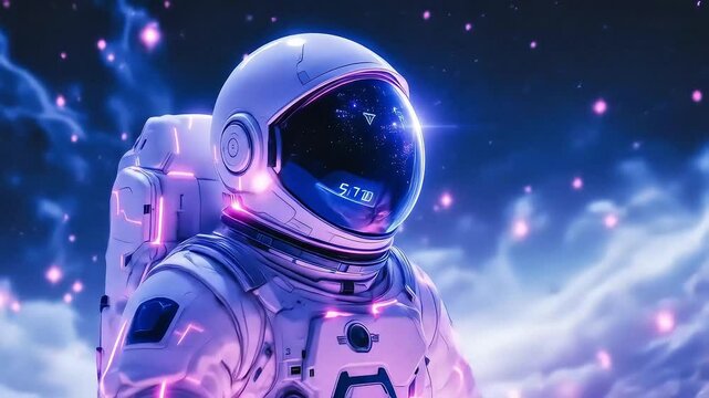 An astronaut in a bright white spacesuit gazing into a nebula. - Powered by Adobe