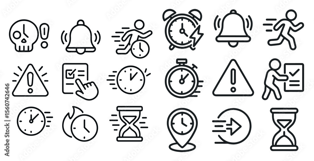 Poster set of black and white icons that represent different time-related concepts. the icons include a clo
