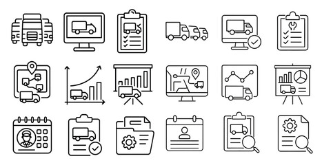 Set of icons for a trucking company. The icons include a truck, a computer, a calendar, a file folder, a person, a truck stop, a truck stop sign, a truck stop menu, a truck stop restroom