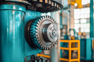 Mechanical press with its intricate gears and levers, situated in a busy factory environment