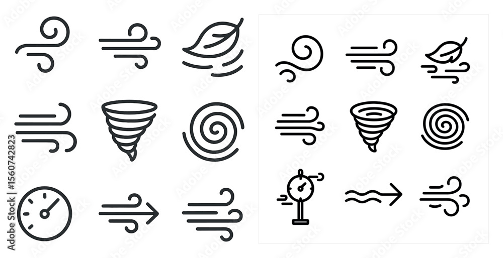 Poster set of wind symbols, including a tornado, are shown in black and white. the symbols are arranged in 