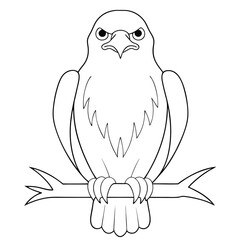 Cartoon Style Eagle Perched On A Branch Black And White Outline on a white background.