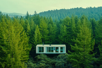 Mobile home nestled in a dense forest, blending harmoniously with the natural surroundings