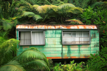 Mobile home nestled in a dense forest, blending harmoniously with the natural surroundings