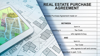 REAL ESTATE PURCHASE AGREEMENT CONCEPT with imaginary General Urban Plan and cadastral map