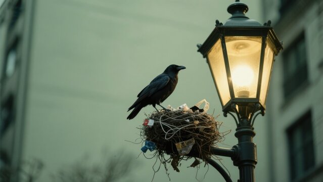 A raven perched atop a nest built on a street lamp, showcasing urban wildlife adaptation and environmental commentary, with blurred background buildings providing context and depth .