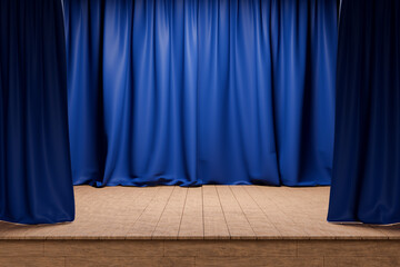 Theater stage with blue curtains are opening on wooden floor. 3d render

