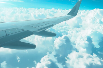Modern airplane flying high above the clouds, with a view of the wing and the vast sky