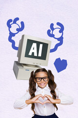 Vertical art 3d creative image collage of happy preteen schoolgirl show heart gesture pc monitor...