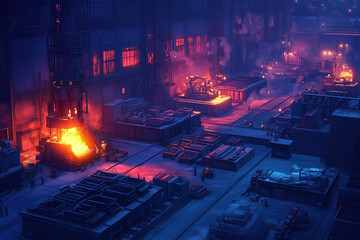 Modern foundry with advanced machinery, automated casting lines, and high-tech safety equipment