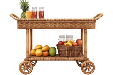 A rustic wicker cart showcasing nature s bounty with fresh fruit and vibrant juices promising on transparent background