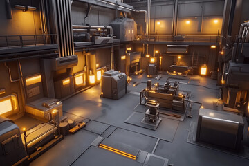 Modern foundry with advanced machinery, automated casting lines, and high-tech safety equipment