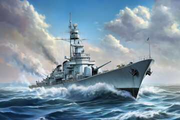 Modern naval destroyer patrolling the sea, equipped with advanced radar and weaponry