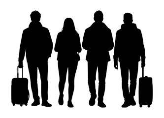 Four people walking with luggage in silhouette