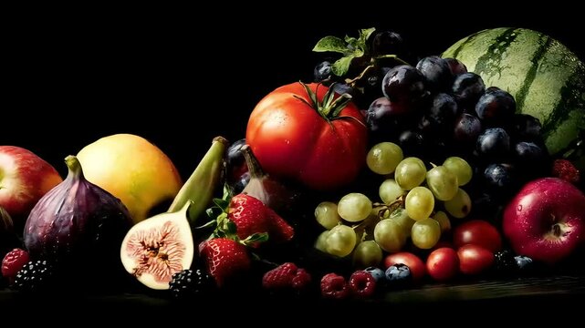 A still-life arrangement of various fruits and a tomato is displayed against a dark background.