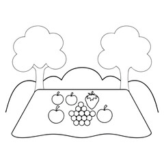 Simple Outline Of Picnic Scene With Fruits Apples Grapes And Strawberry on a white background.