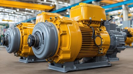 A line of yellow and gray industrial power units. These motors are in an industrial setting. Power units, industrial machinery, engineering, manufacturing.