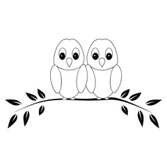 Two Cute Cartoon Birds Sitting On A Branch Black And  on a white background.