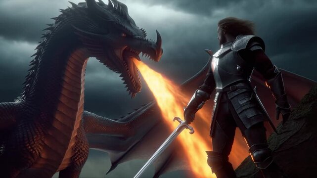 A knight holding a sword and standing near a fire-breathing dragon.