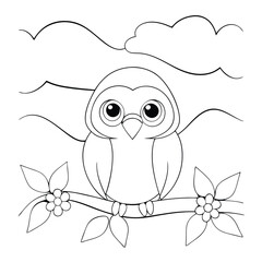 Cute Owl Perched On Branch Coloring Page For Children And Relaxation on a white background.